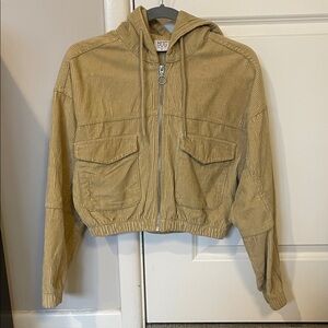 BDG Tan Corduroy Cropped Zip-Up Jacket with Hood